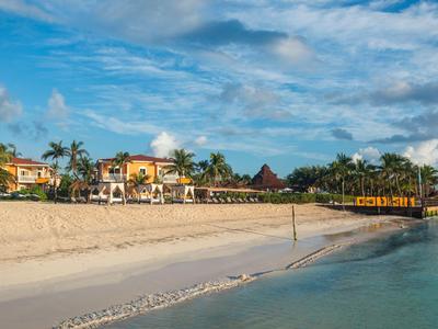 A sandy beach with palm trees and hotel buildings under a blue sky.