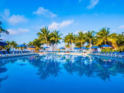 Gran piscina con tumbonas y palmeras bajo un cielo azul claro