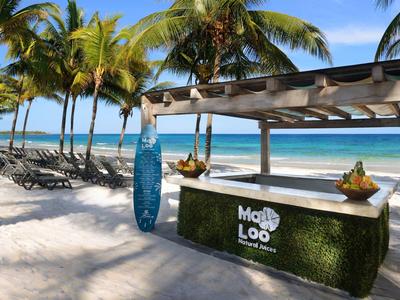 Strandbar mit Palmen, Liegestühlen und Surfbrett, weißer Sand und blaues Meer im Hintergrund.
