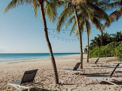 Strand mit Sand, Palmen und Liegen, ruhiges Meer und heller Himmel im Hintergrund.