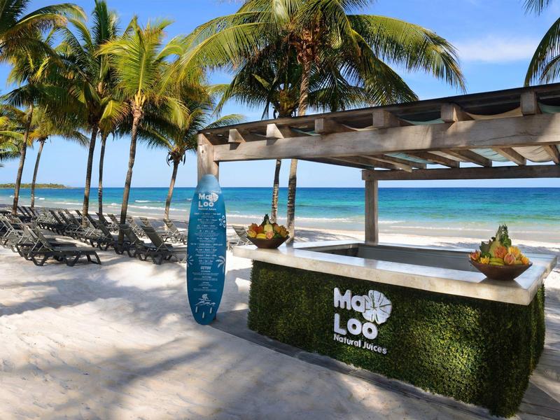 Bar sulla spiaggia con palme, tavola da surf e lettini sulla sabbia bianca vicino al mare blu.