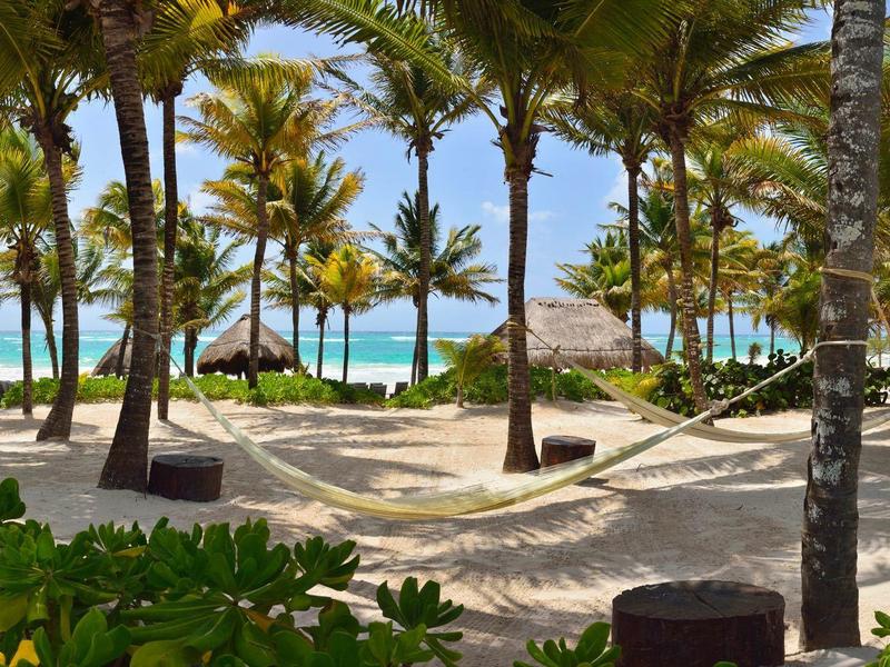 Spiaggia tropicale con amache tra palme e oceano turchese sullo sfondo