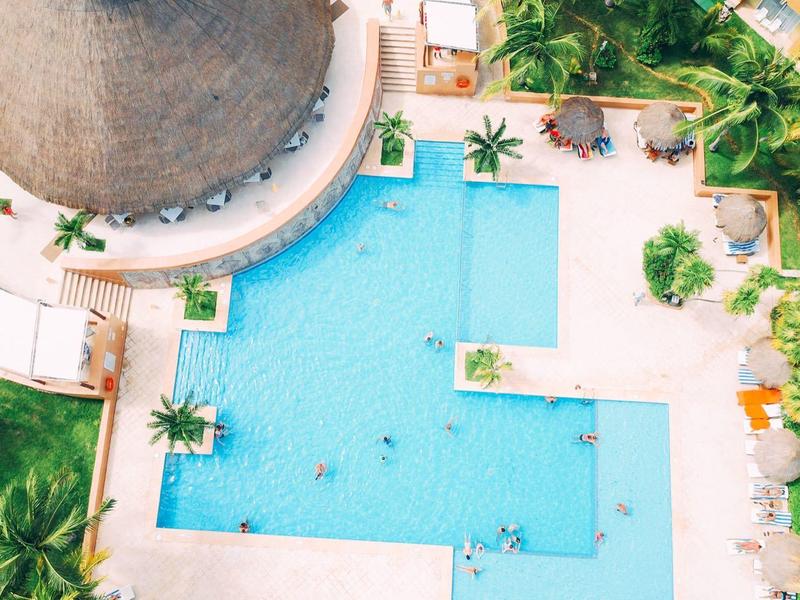 Aerial view of a hotel pool area with surrounding palm trees and a thatched-roof bar.
