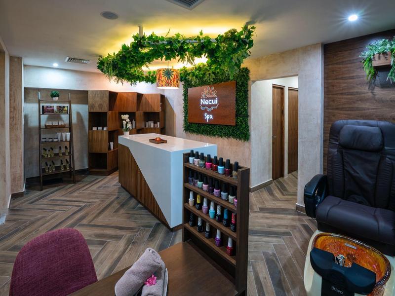 Modern hotel lobby with reception desk, seating area, and decorated with greenery and wood accents