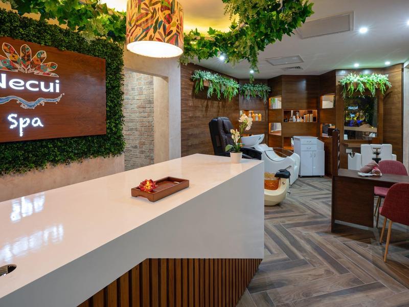 Modern spa reception with white desk, green plants, and cozy seating area with armchairs.