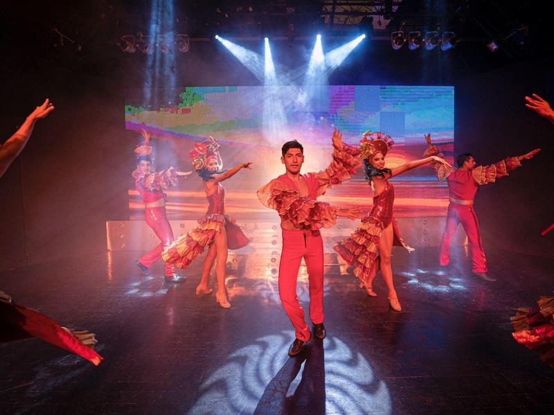 Dancers perform on a colorful stage with spotlights and fog effects in a vibrant show.