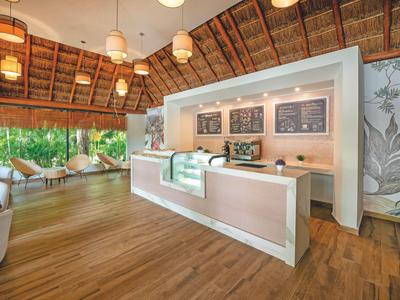 Moderner Hotel-Empfang mit Holzboden und natürlichem Licht unter einem Strohdach.