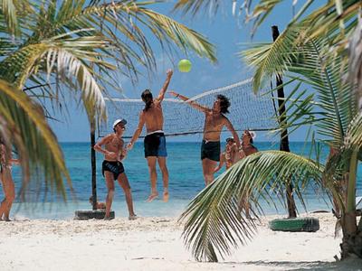 Gruppe von Menschen spielt Beachvolleyball an einem tropischen Strand mit Palmen.