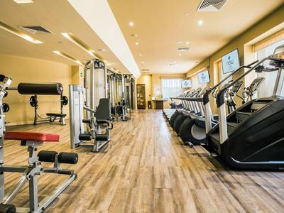 Heller Fitnessraum mit Holzboden, Laufbändern, Kraftgeräten und großen Fenstern an der Wand.