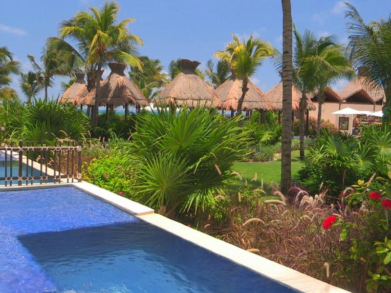 Modrý bazén s tropickými rostlinami a palmami, slámové chatky v pozadí.