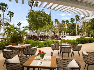 Terrasse avec tables et chaises entourée de verdure et de palmiers par temps ensoleillé.