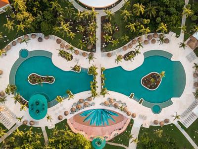 Aerial view of a symmetrical pool with two ponds and surrounding lounge chairs and palm trees.