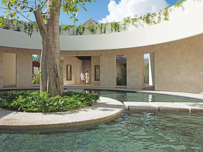 Cortile con laghetto circolare e albero al centro, architettura moderna con pareti curve.