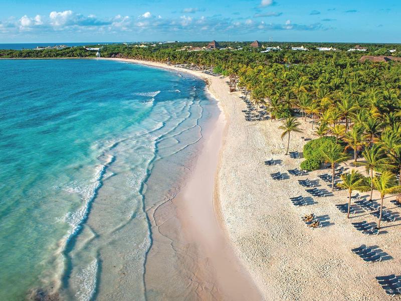 Spiaggia di sabbia bianca con acque turchesi e file di palme lungo la costa.