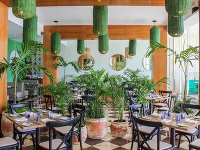 Ristorante luminoso con piante verdi, sedie nere e decorazioni sospese