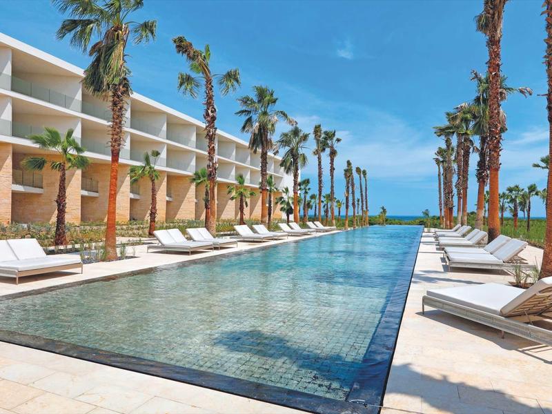 Piscina moderna dell'hotel con lettini e palme sotto un cielo blu.