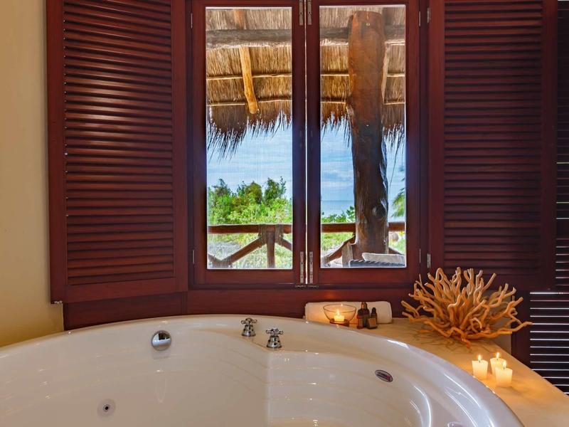 Bain à remous devant une fenêtre donnant sur des palmiers tropicaux et une cabane.