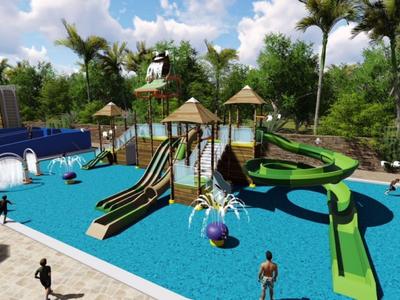 Ein farbenfroher Wasserspielplatz mit Rutschen und Palmen in einem tropischen Hotelresort.