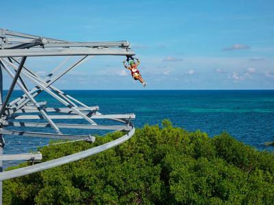 Person on zipline over green forest with view of blue sea and sky