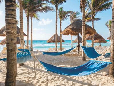 Modré houpací sítě mezi palmami na bílé písečné pláži s výhledem na modré moře.