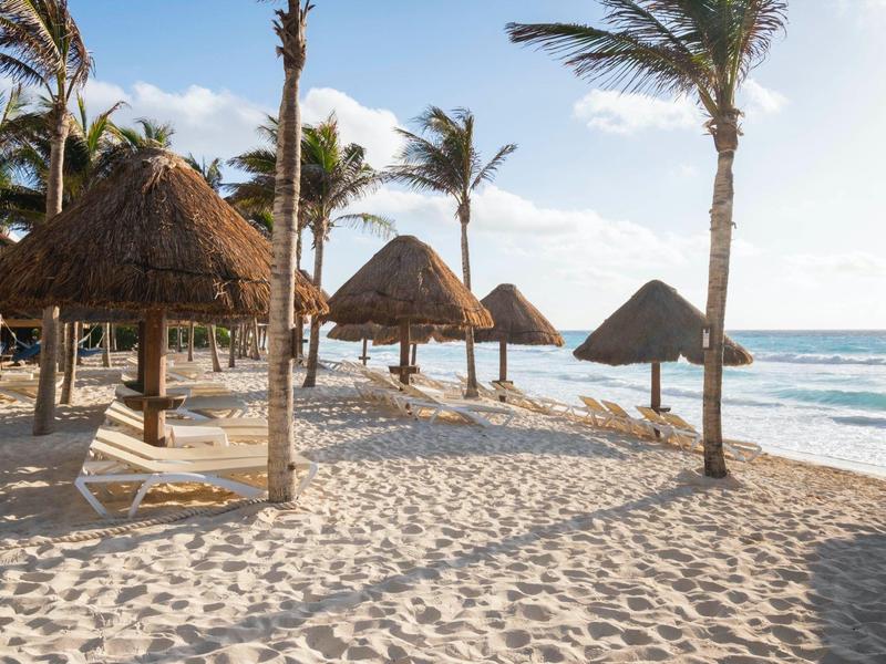 Palme, ombrelloni e sabbia sulla spiaggia al tramonto