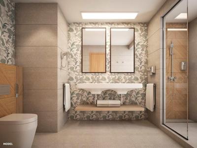 Modernes Badezimmer mit floral gemusterter Wand, Doppelspiegel, hängendem Waschbecken und Glasdusche.