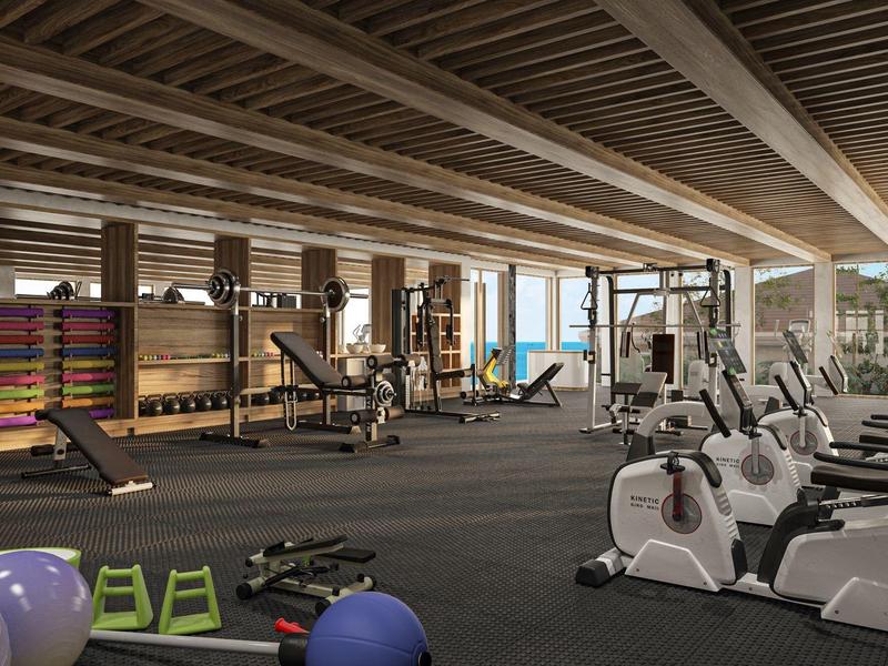 Palestra moderna con attrezzature cardio e di forza, accessori colorati e soffitto con travi in legno.