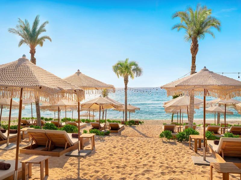 Plage de sable accueillante avec parasols, chaises longues et palmiers près de la mer bleue claire.
