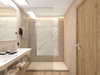 Nowoczesna łazienka z drewnianymi drzwiami, prysznicem bez brodzika i podwójną umywalką.