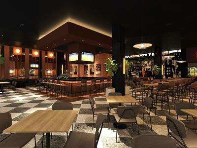 Nowoczesna, stylowa restauracja z drewnianymi meblami i czarną podłogą w hotelu.