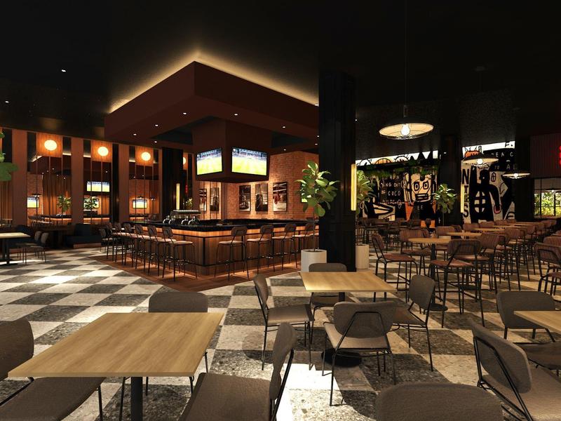 Nowoczesna, stylowa restauracja z drewnianymi meblami i czarną podłogą w hotelu.