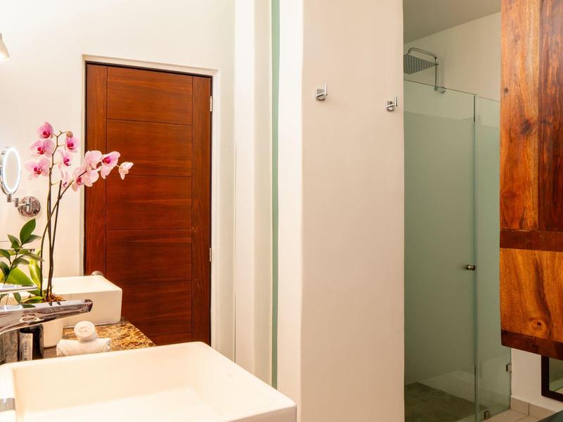 Moderní koupelna se dřezem, orchidejí a dřevěnými dveřmi