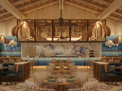 Ristorante elegante con legno chiaro, mobili in rattan e decorazioni murali marine