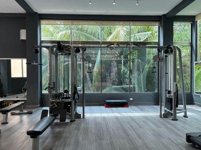 Palestra moderna con grandi finestre che si affacciano su piante tropicali