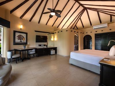 Ampia camera d'hotel con letto grande, scrivania, TV e soffitto tradizionale in paglia.