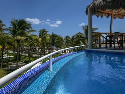 Piscina a sfioro con vista su palme e zona pranzo coperta sotto un cielo limpido.