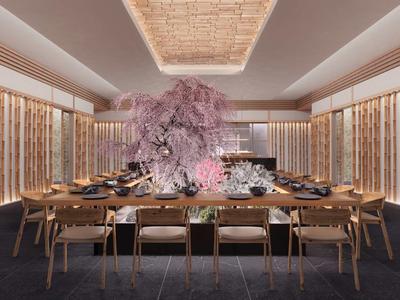 Sala da pranzo moderna ed elegante con fiore rosa centrale e pannelli in legno.