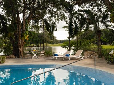 Zona de piscina con tumbonas y mesa junto a un lago y palmeras