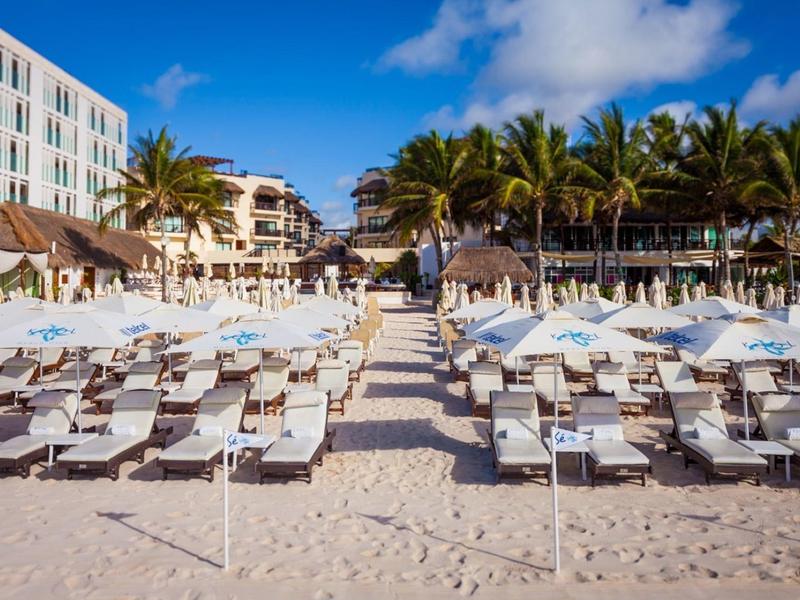 Spiaggia con lettini e ombrelloni davanti a un hotel e palme sotto un cielo azzurro.