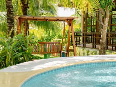 Pool mit klarem Wasser und Holzschaukel umgeben von üppigem Grün und Palmen.