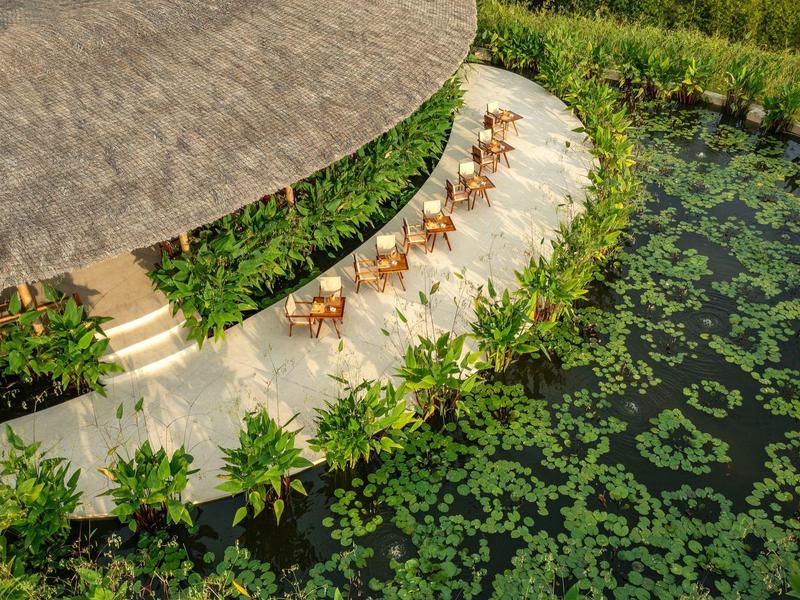 Tropisch terras met bamboe stoelen naast een vijver bedekt met lotusbladeren.