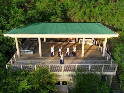 Überdachte Plattform im Grünen mit Menschen, die Yoga oder Meditation praktizieren.