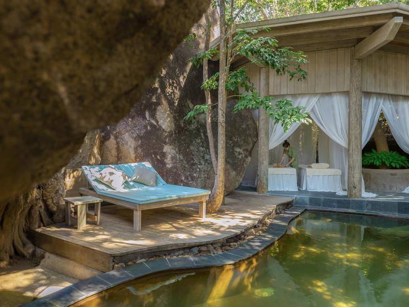 Luksusowa przestrzeń na zewnątrz z basenem i leżakiem pod skałami i drzewami.