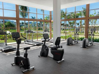 Moderne Fitnessgeräte in einem hellen Fitnessraum mit großen Fenstern und Blick auf grüne Pflanzen.