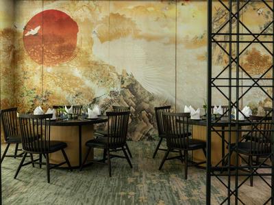 Rustikale Restaurantinnenansicht mit Holztischen, Stühlen und einer Wand mit Berg- und Sonnendesign.