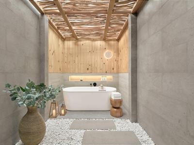Salle de bain moderne avec baignoire îlot, plafond en bois et pierres décoratives.