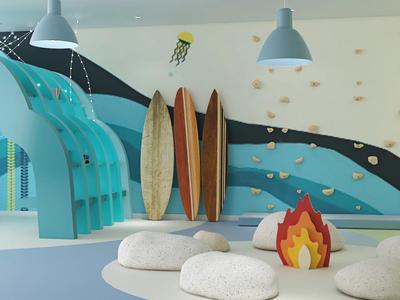 Moderner Innenbereich mit Sitzkissen, künstlichem Feuer und Surfbrett-Dekor an der Wand.