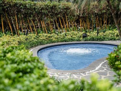 Kleiner runder Whirlpool im Freien umgeben von grünen Pflanzen und Palmen.