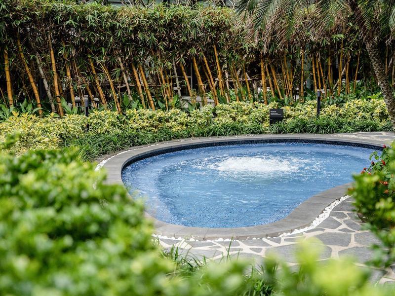 Jacuzzi redondo con borde de piedra, rodeado de vegetación densa y fondo de palmeras.