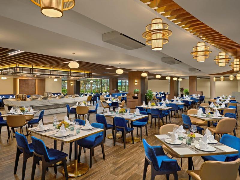 Amplio restaurante hotelero con sillas azules y madera clara bajo luces colgantes cálidas